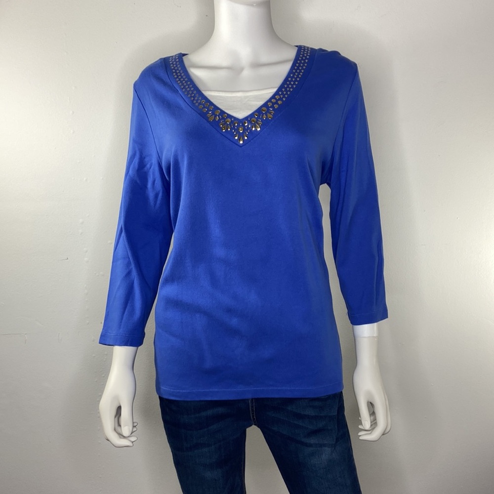 Karen Scott Royal Blue V-Neck Embellished Womens Top